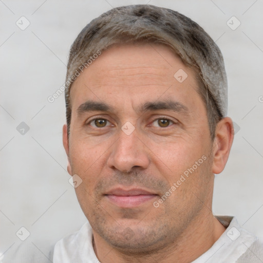 Neutral white adult male with short  brown hair and brown eyes