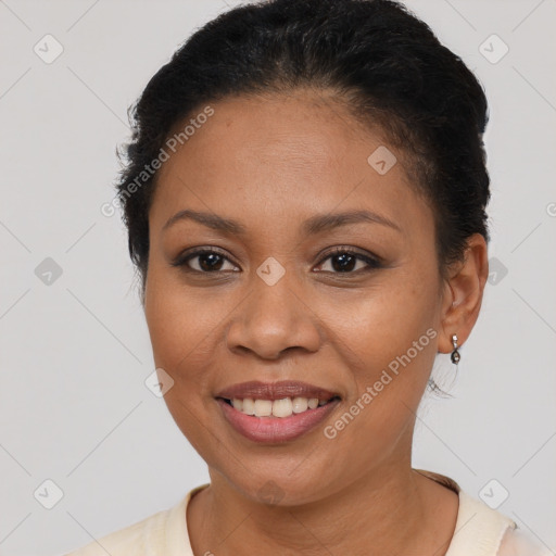 Joyful latino young-adult female with short  brown hair and brown eyes