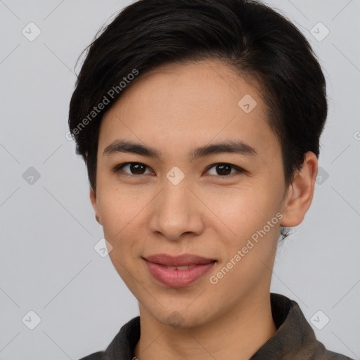 Joyful latino young-adult female with short  brown hair and brown eyes