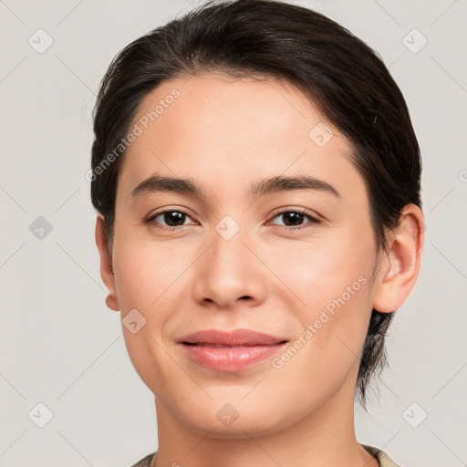 Joyful white young-adult female with medium  brown hair and brown eyes