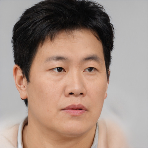 Neutral asian young-adult male with short  brown hair and brown eyes