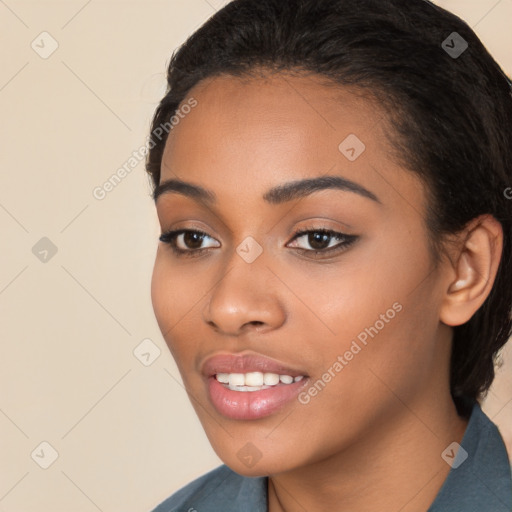 Joyful latino young-adult female with long  black hair and brown eyes