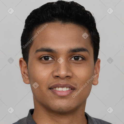 Joyful latino young-adult male with short  black hair and brown eyes