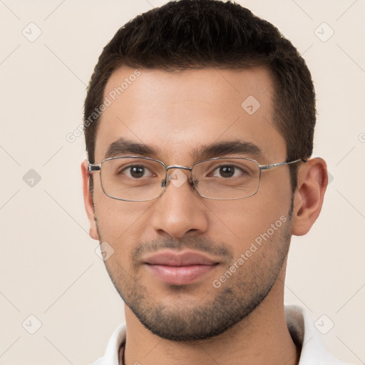 Neutral white young-adult male with short  brown hair and brown eyes