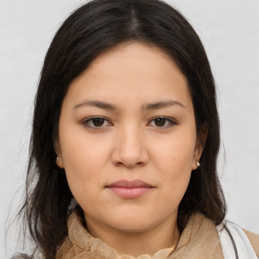 Neutral white young-adult female with long  brown hair and brown eyes