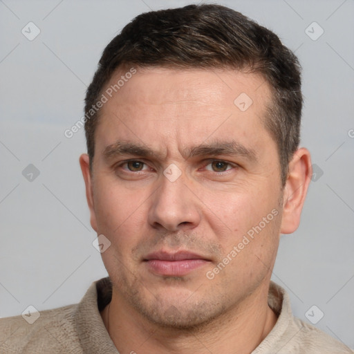 Neutral white adult male with short  brown hair and brown eyes