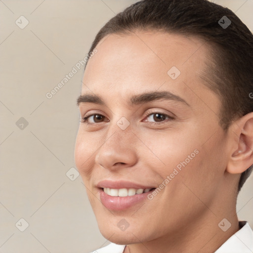 Joyful white young-adult female with short  brown hair and brown eyes