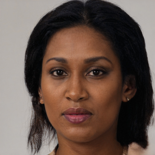 Joyful black young-adult female with medium  black hair and brown eyes