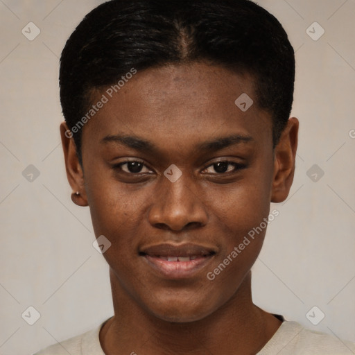 Joyful black young-adult female with short  black hair and brown eyes