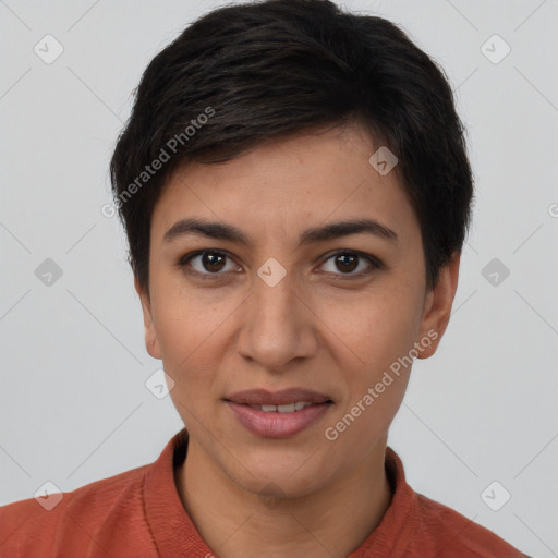 Joyful white young-adult female with short  brown hair and brown eyes