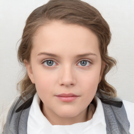 Neutral white child female with medium  brown hair and blue eyes