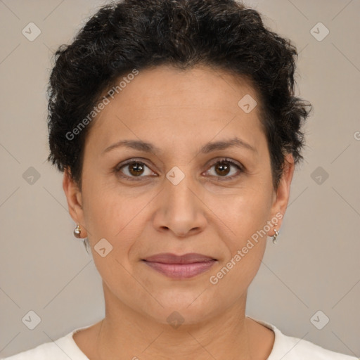 Joyful white adult female with short  brown hair and brown eyes