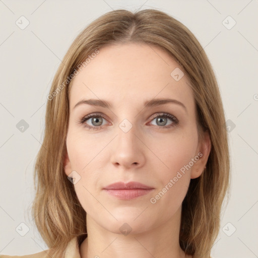 Neutral white young-adult female with medium  brown hair and grey eyes