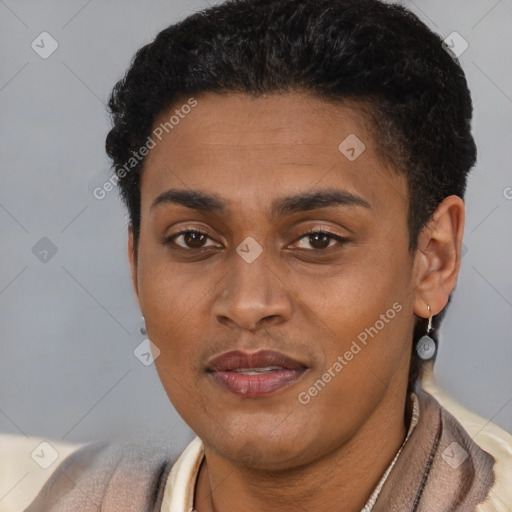 Joyful latino young-adult female with short  brown hair and brown eyes