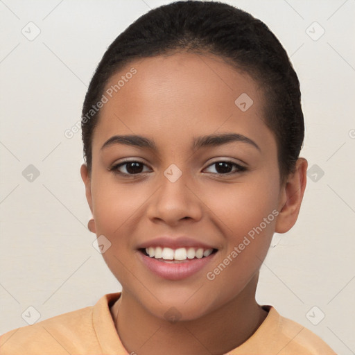 Joyful latino young-adult female with short  brown hair and brown eyes