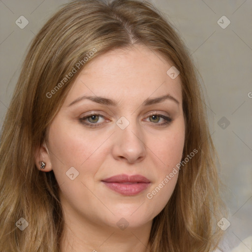 Joyful white young-adult female with medium  brown hair and green eyes