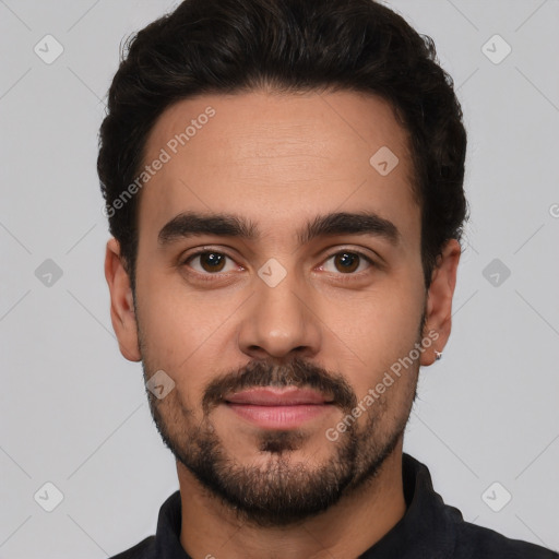 Neutral white young-adult male with short  black hair and brown eyes