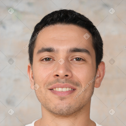 Joyful white young-adult male with short  black hair and brown eyes