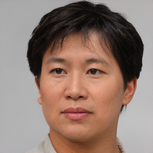 Joyful asian young-adult male with short  brown hair and brown eyes