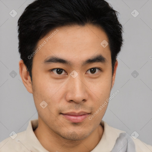 Neutral asian young-adult male with short  black hair and brown eyes