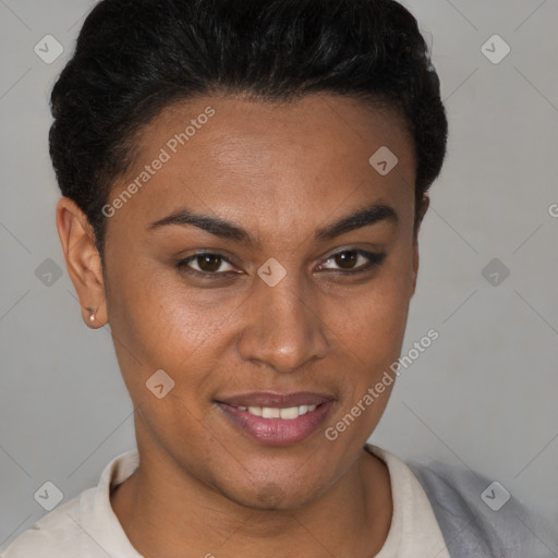 Joyful latino young-adult female with short  brown hair and brown eyes