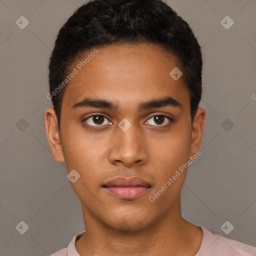 Neutral latino young-adult male with short  black hair and brown eyes