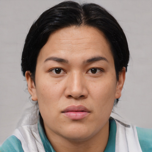 Joyful asian young-adult female with medium  brown hair and brown eyes