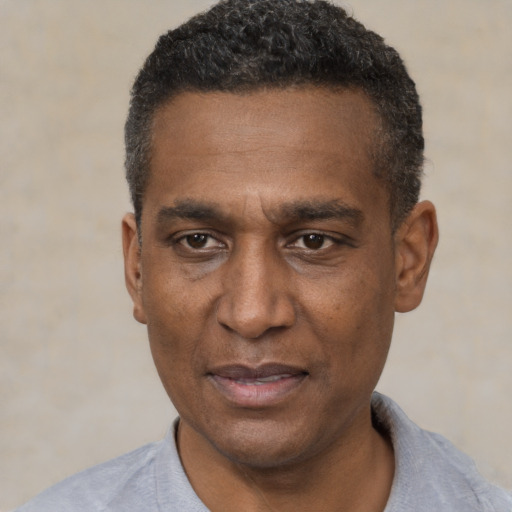 Neutral black adult male with short  black hair and brown eyes