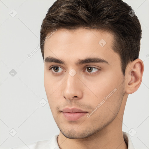 Neutral white young-adult male with short  brown hair and brown eyes