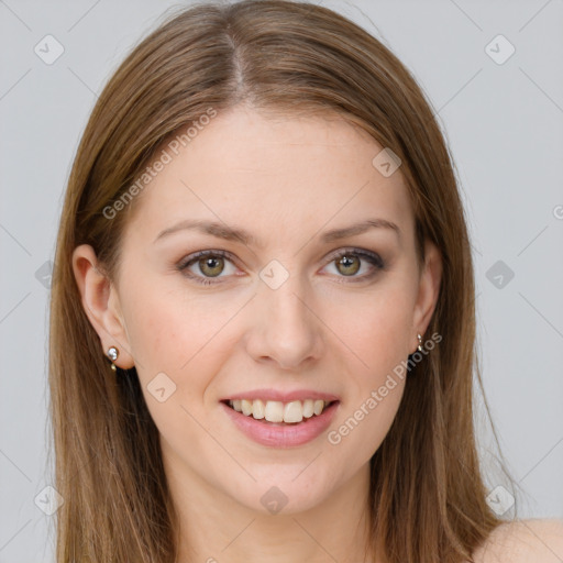 Joyful white young-adult female with long  brown hair and grey eyes