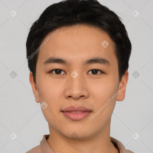 Neutral asian young-adult male with short  black hair and brown eyes