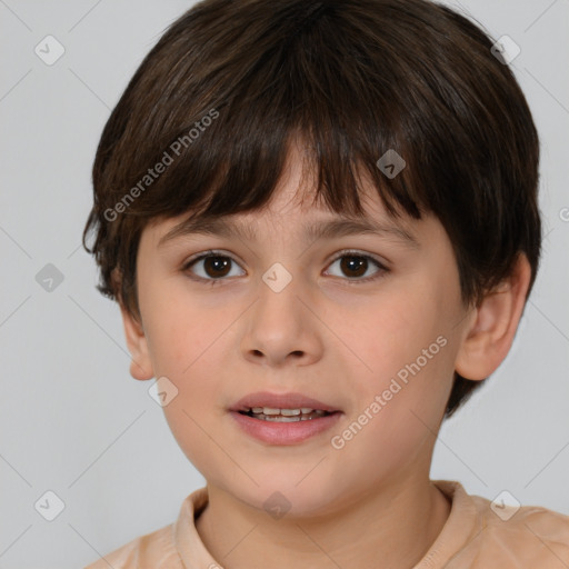 Joyful white child female with short  brown hair and brown eyes