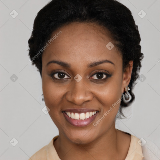 Joyful latino young-adult female with short  black hair and brown eyes