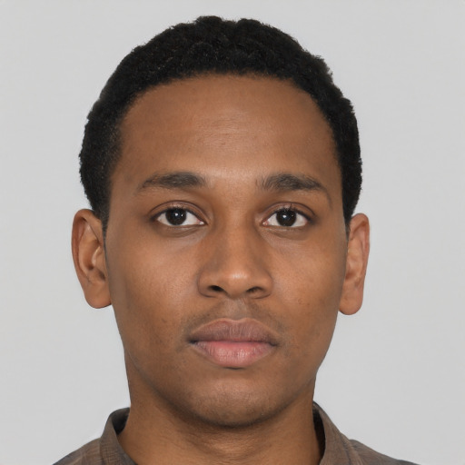 Neutral black young-adult male with short  black hair and brown eyes