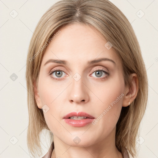 Neutral white young-adult female with medium  brown hair and grey eyes