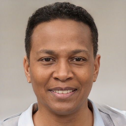 Joyful black young-adult male with short  brown hair and brown eyes