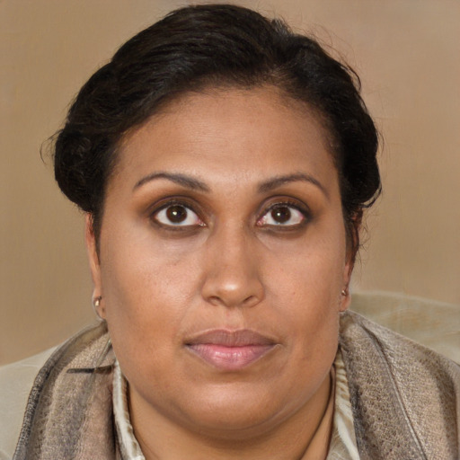 Joyful white adult female with short  brown hair and brown eyes