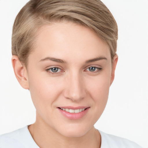 Joyful white young-adult female with short  brown hair and grey eyes