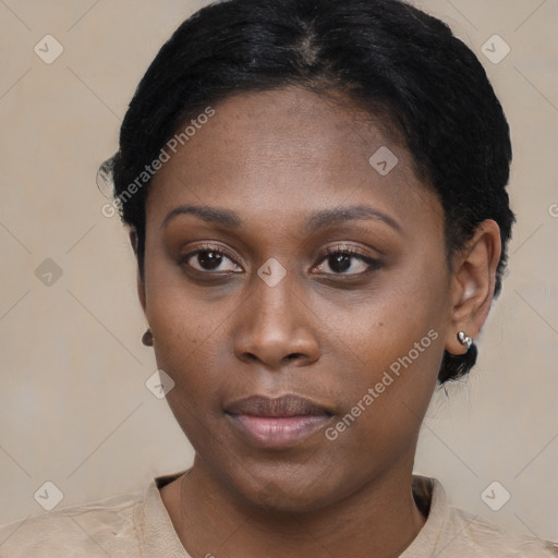 Neutral black young-adult female with short  black hair and brown eyes