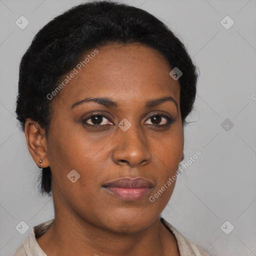 Neutral black young-adult female with short  black hair and brown eyes