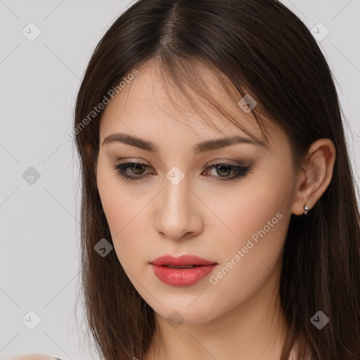 Neutral white young-adult female with long  brown hair and brown eyes