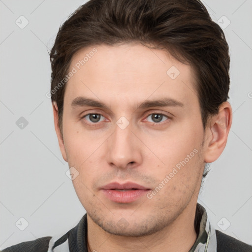 Neutral white young-adult male with short  brown hair and brown eyes