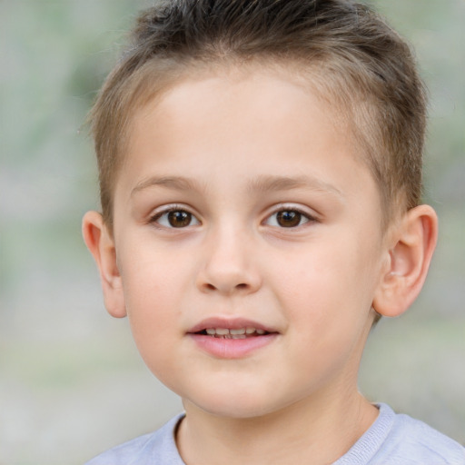 Joyful white child female with short  brown hair and brown eyes