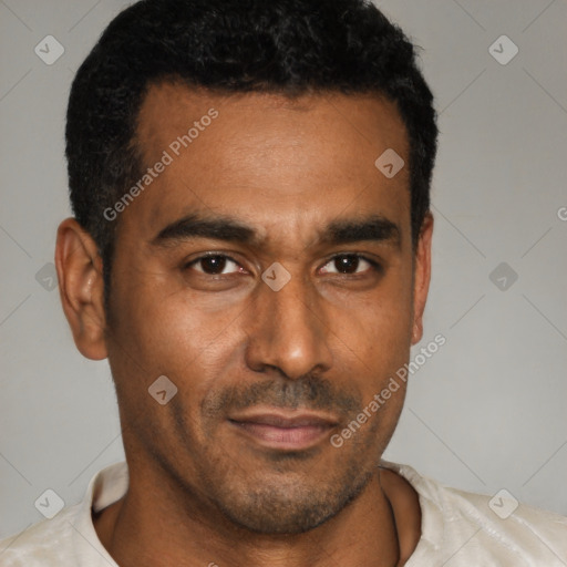 Neutral latino young-adult male with short  black hair and brown eyes