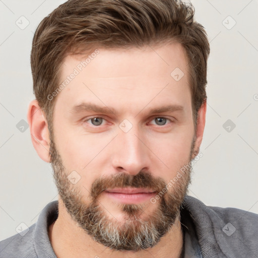 Neutral white young-adult male with short  brown hair and grey eyes