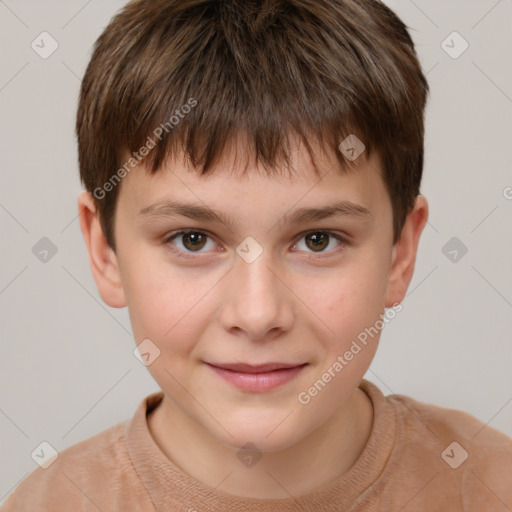 Joyful white child male with short  brown hair and brown eyes