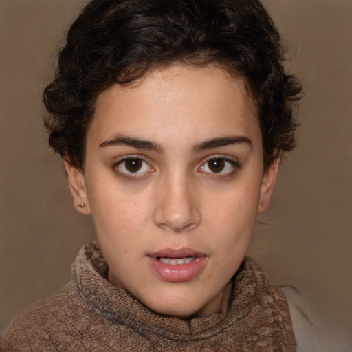 Neutral white young-adult female with short  brown hair and brown eyes