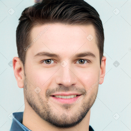 Joyful white young-adult male with short  brown hair and brown eyes