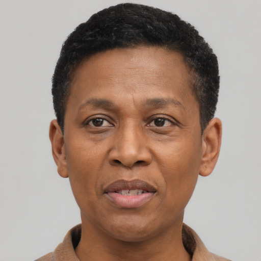 Joyful black adult male with short  brown hair and brown eyes
