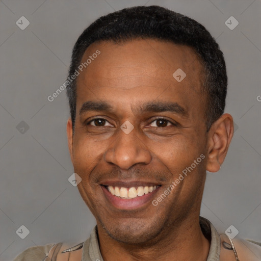 Joyful latino adult male with short  black hair and brown eyes